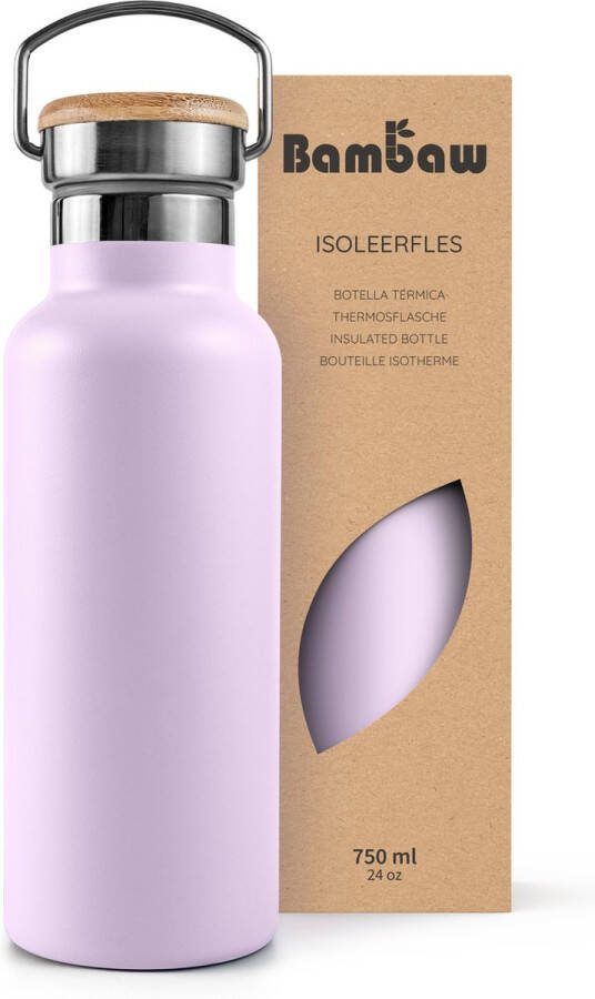 Bambaw 750ml RVS Thermosfles Isoleerfles Dubbelwandig Milieuvriendelijk Lekvrijen loodvrij en Plasticvrij Geïsoleerde Fles met Bamboe Deksel voor Warme en Koude Dranken Ideaal voor Reizen Werk Yoga Wandelen en Dagelijks Gebruik – violet