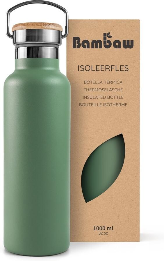 Bambaw 1 Liter RVS Thermosfles Isoleerfles Dubbelwandig Milieuvriendelijk Lekvrijen loodvrij en Plasticvrij Geïsoleerde Fles met Bamboe Deksel voor Warme en Koude Dranken Ideaal voor Reizen Werk Yoga Wandelen en Dagelijks Gebruik – groen