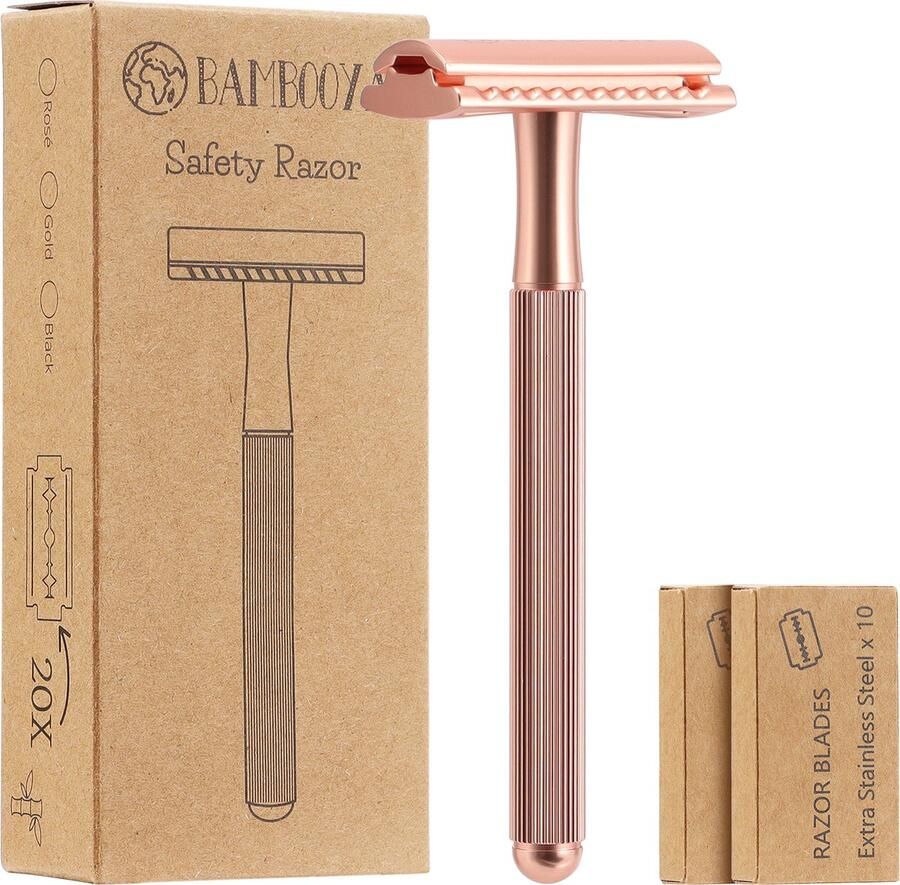 Bambooya Safety Razor met extra lang handvat + 20 scheermesjes Safety Razor voor Vrouwen Scheermesjes voor vrouwen dames Rose Gold Scheermesjes Oksels Benen Zero Waste Bamboo
