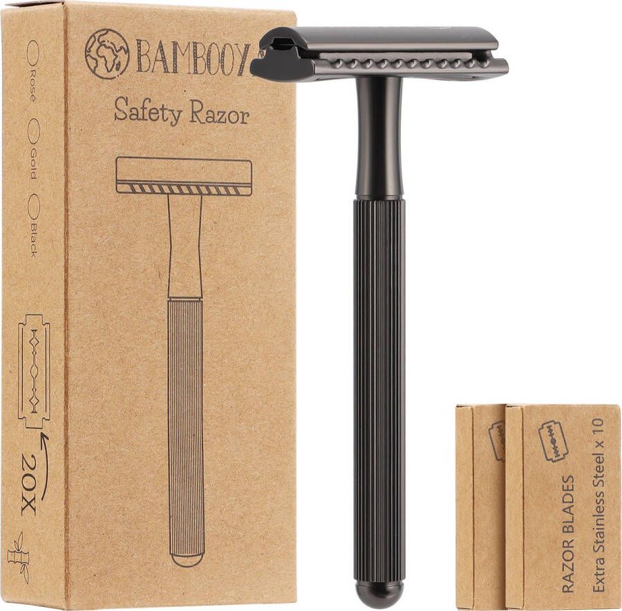 Bambooya Safety Razor + 20 scheermesjes met extra lang handvat Scheermesjes voor vrouwen dames Black Double Edge Single Blade Zero Waste scheren Duurzaam Scheermesje