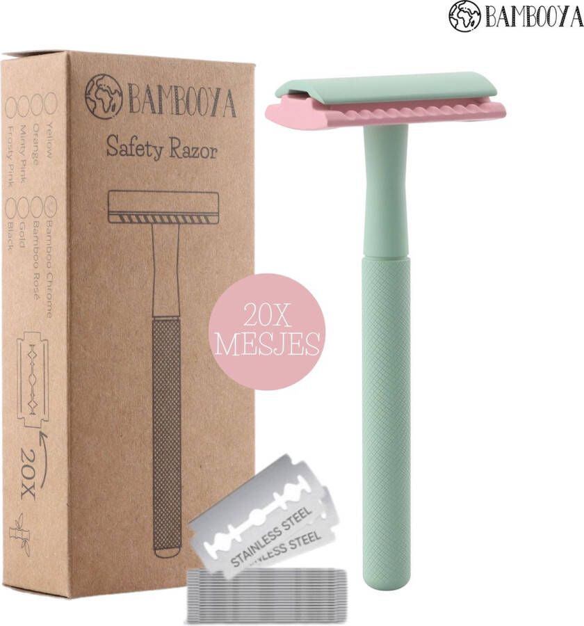 Bambooya Safety Razor + 20 scheermesjes voor vrouwen dames Double Edge Single Blade Zero Waste Minty Pink Duurzaam Scheermesje