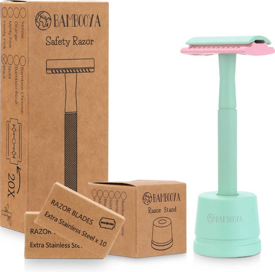 Bambooya Safety Razor + Houder + 20 Scheermesjes Bamboe Milieuvriendelijk Set Minty Pink