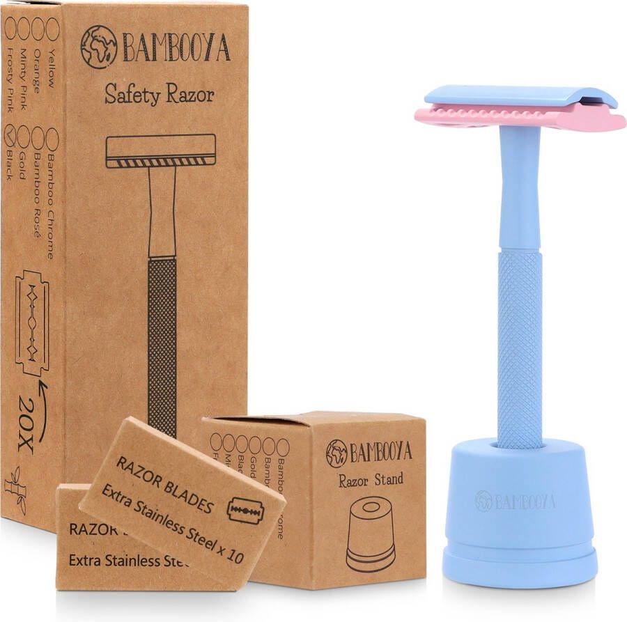 Bambooya Safety Razor + Houder + 20 Scheermesjes Bamboe Milieuvriendelijke Set Frosty Pink