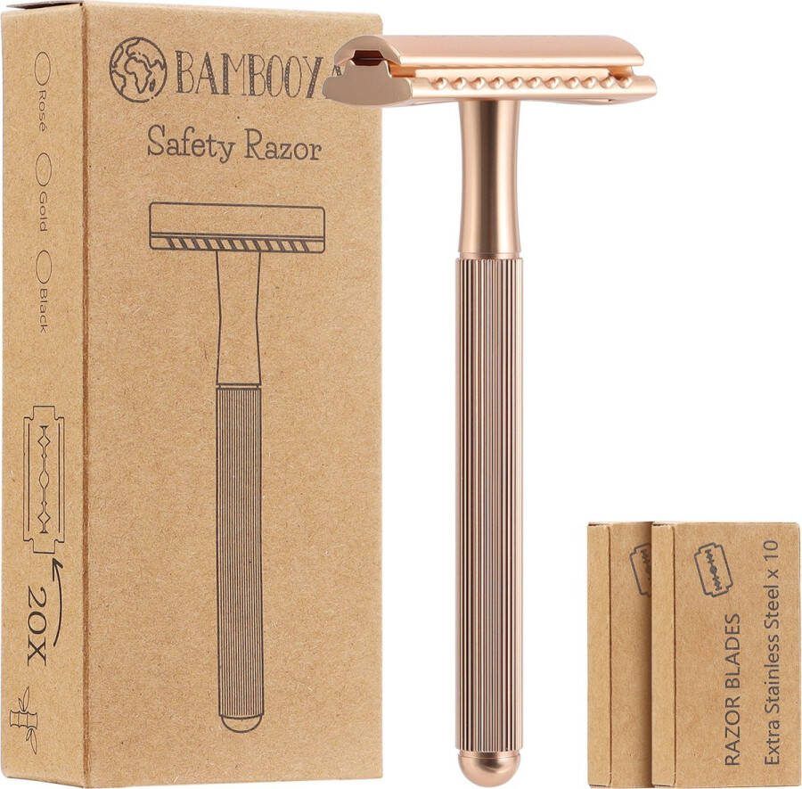 Bambooya Safety Razor met extra lang handvat + 20 scheermesjes voor vrouwen dames Gold Double Edge Single Blade Zero Waste scheren Duurzaam Scheermesje