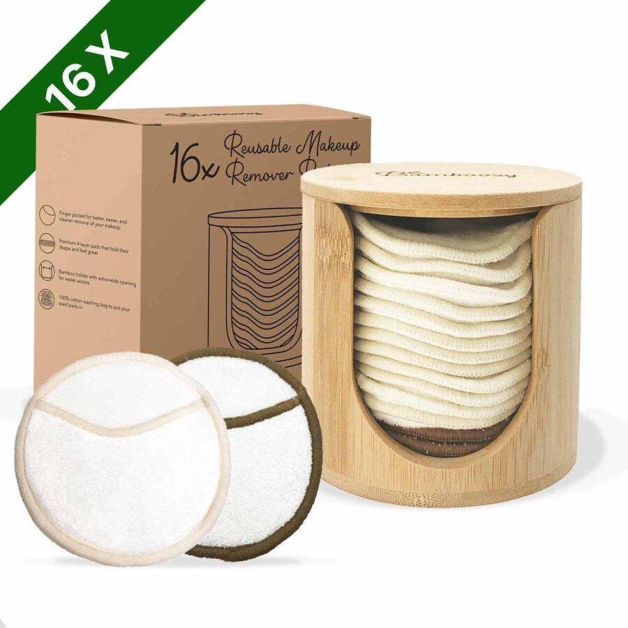 Bamboozy 16 Herbruikbare Wattenschijfjes + Bamboe Houder 12x Dagelijks 4x Scrub 4 laags Wasbare Wattenschijfjes Makeup Pads Zero Waste