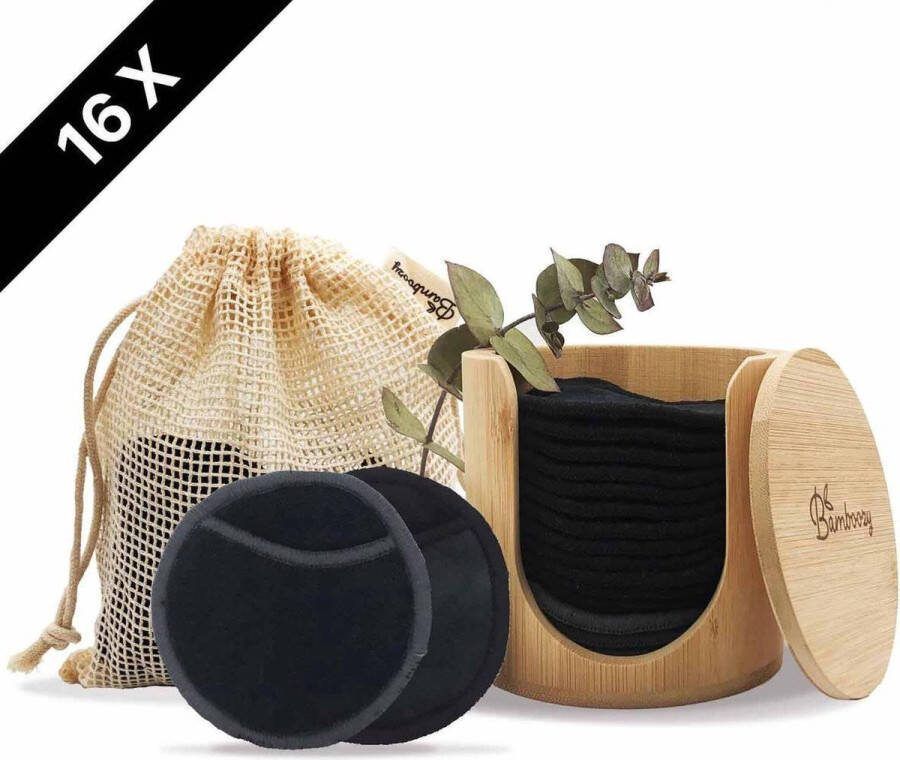 Bamboozy 16 Zwarte Herbruikbare Wattenschijfjes + Bamboe Houder 12x Dagelijks 4x Scrub 4 laags Wasbare Wattenschijfjes Zero Waste