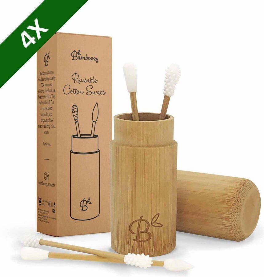 Bamboozy 4x Herbruikbare Wattenstaafjes Bamboe met Bamboehouder Wasbare Oorstaafjes Oorstokjes Zero Waste Plastic vrij Duurzaam