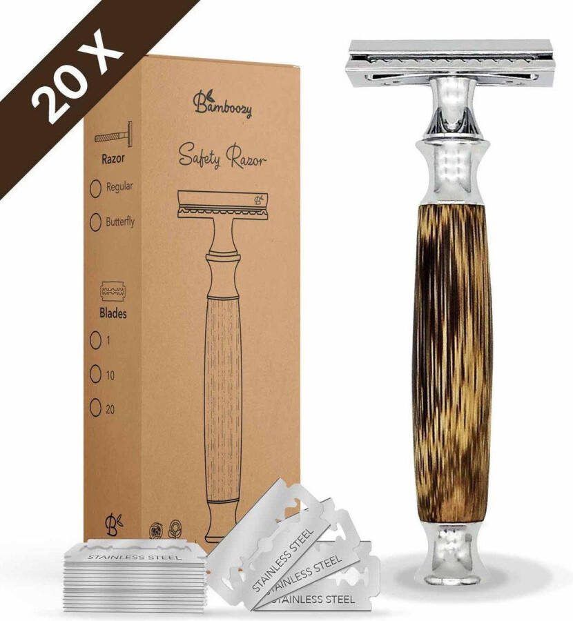 Bamboozy Bamboe Safety Razor + 20 scheermesjes Bamboe Houten Handvat Vlindersluiting Double Edge Single Blade Zero Waste Scheren