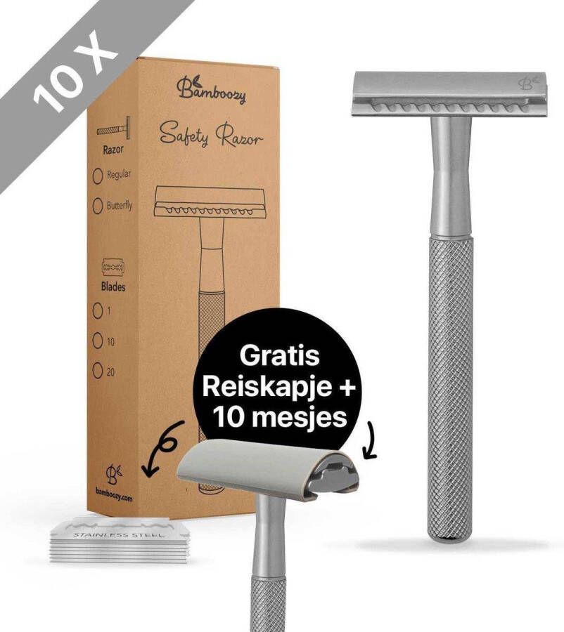 Bamboozy Safety Razor + 10 scheermesjes en Reiskapje Mat Zilver Chrome Unisex Mannen en Vrouwen Double Edge Single Blade Zero Waste Duurzaam Scheren