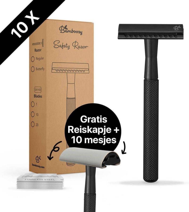 Bamboozy Safety Razor + 10 scheermesjes en Reiskapje Mat Zwart Black Unisex Mannen en Vrouwen Double Edge Single Blade Zero Waste Duurzaam Scheren