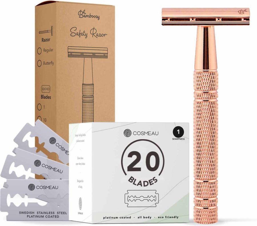 Bamboozy Safety Razor + 20 Scheermesjes Aluminium Rose Gold Goud Voor Vrouwen Dames Venus Scheermes Veiligheidsscheermes