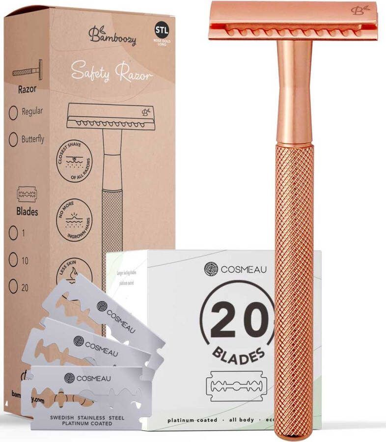 Bamboozy Safety Razor RVS + 20 Scheermesjes Rose Gold Goud voor Vrouwen Dames Zero Waste Duurzaam Scheermesje Veiligheidsscheermes