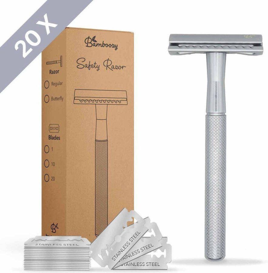 Bamboozy Safety Razor RVS + 20 scheermesjes Zilver Chrome Unisex Vrouwen Mannen Double Edge Zero Waste Duurzaam Scheren