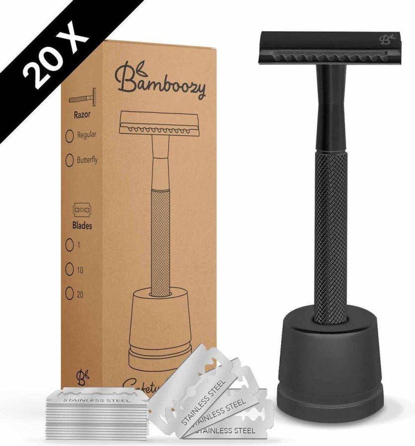 Bamboozy Safety Razor RVS + Houder + 20 scheermesjes Mat Zwart unisex voor vrouwen dames mannen Double Edge Zero Waste Duurzaam Scheren
