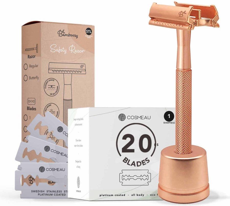 Bamboozy Safety Razor RVS Vlinder + Houder + 20 scheermesjes Rose Gold Goud voor vrouwen dames mannen Double Edge Zero Waste Duurzaam Scheren