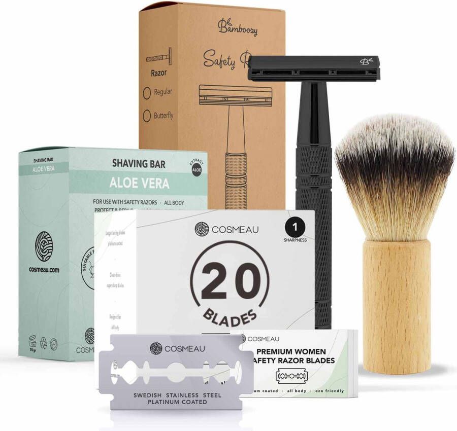 Bamboozy Safety Razor Starterkit Aluminium voor Mannen en Vrouwen Glossy Black 20 Mesjes Scheerkwast Scheerzeep Scheren Starterset