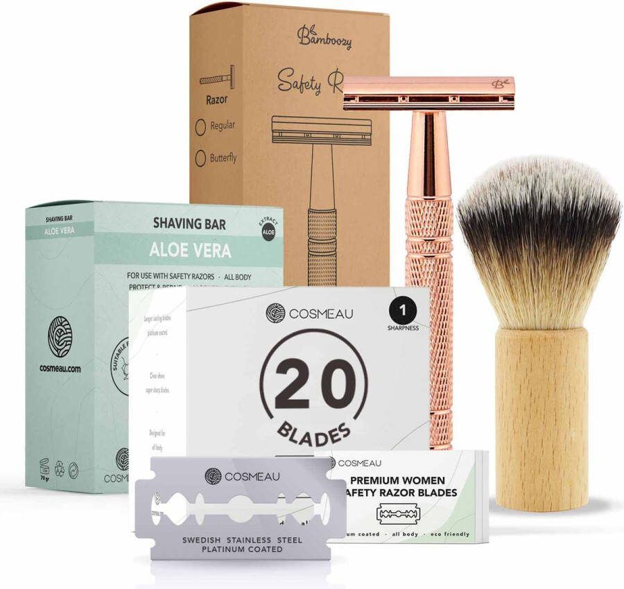 Bamboozy Safety Razor Starterkit Aluminium voor Vrouw Rose Gold Goud 20 Mesjes Scheerkwast Scheerzeep Scheren Starterset
