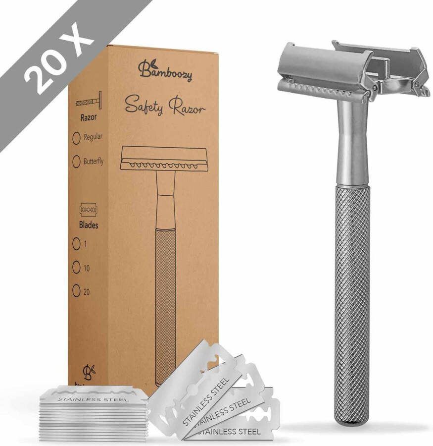 Bamboozy Safety Razor Vlindersluiting + 20 scheermesjes Mat Zilver Unisex vrouwen dames Double Edge Zero Waste Duurzaam Scheren