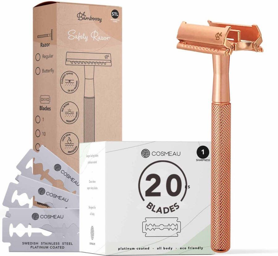 Bamboozy Safety Razor Vlindersluiting RVS + 20 scheermesjes Rose Gold voor vrouwen dames Double Edge Zero Waste Duurzaam Scheren