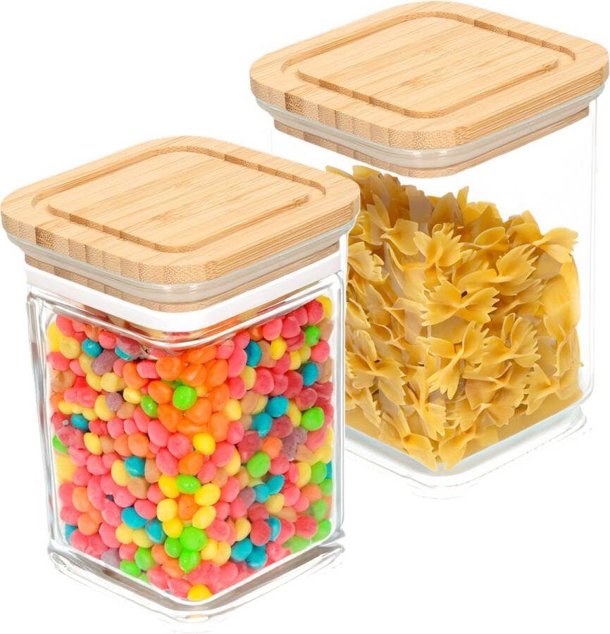 Bambou & Co keuken voorraadpot 2x 0.8L glas bamboe met luchtdichte deksel