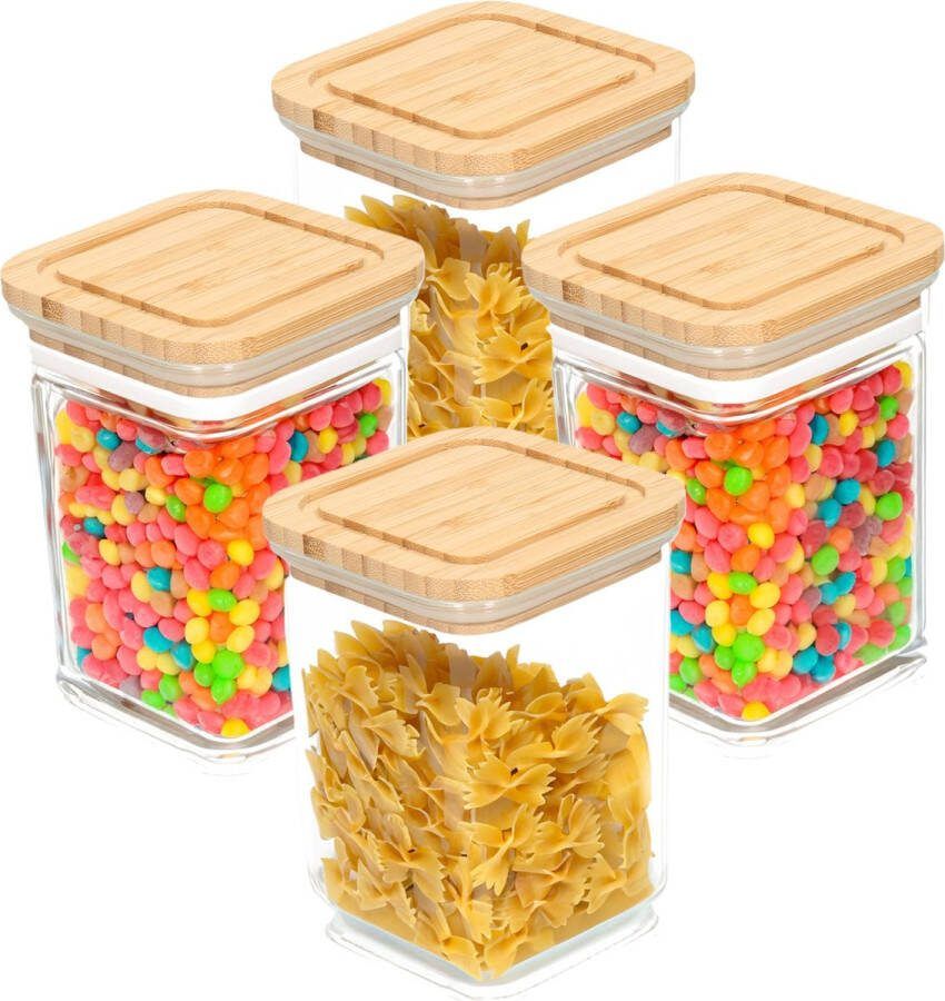 Bambou & Co keuken voorraadpot 4x 0.8L glas bamboe met luchtdichte deksel