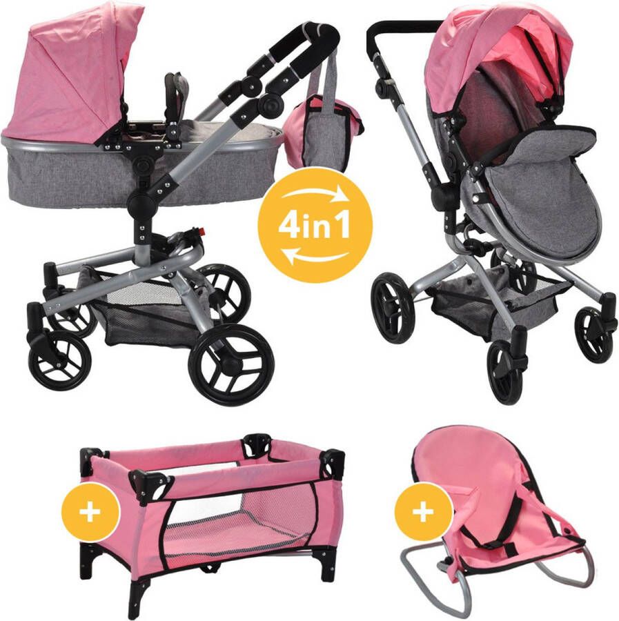 Bandits & Angels Bandits and Angels Modern Angel 4in1 lichtroze poppenwagen wandelwagen buggy poppenbedje en wippertje 3 jaar zwenkwielen