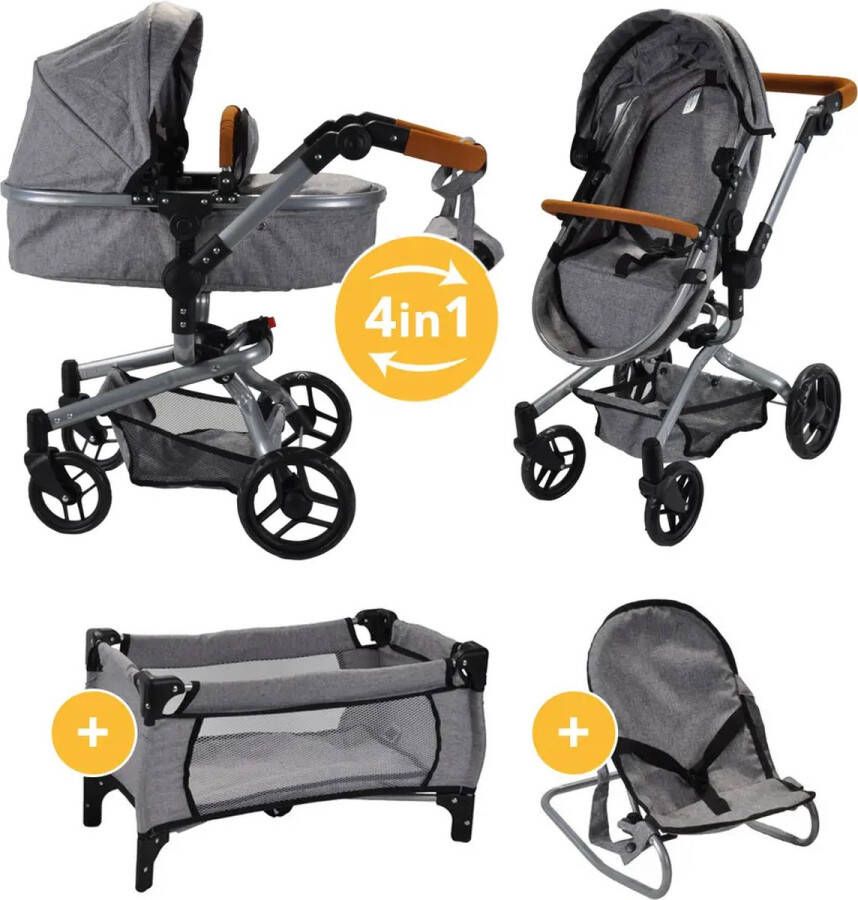 Bandits & Angels Bandits and Angels Modern Angel 4in1 retro grijs poppenwagen wandelwagen buggy poppenbedje en wippertje 3 jaar zwenkwielen