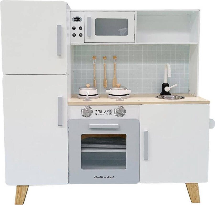 Bandits & Angels houten kinderkeuken XL Modern wit grijs 3 jaar aanrechthoogte 52 cm incl. 5 accessoires
