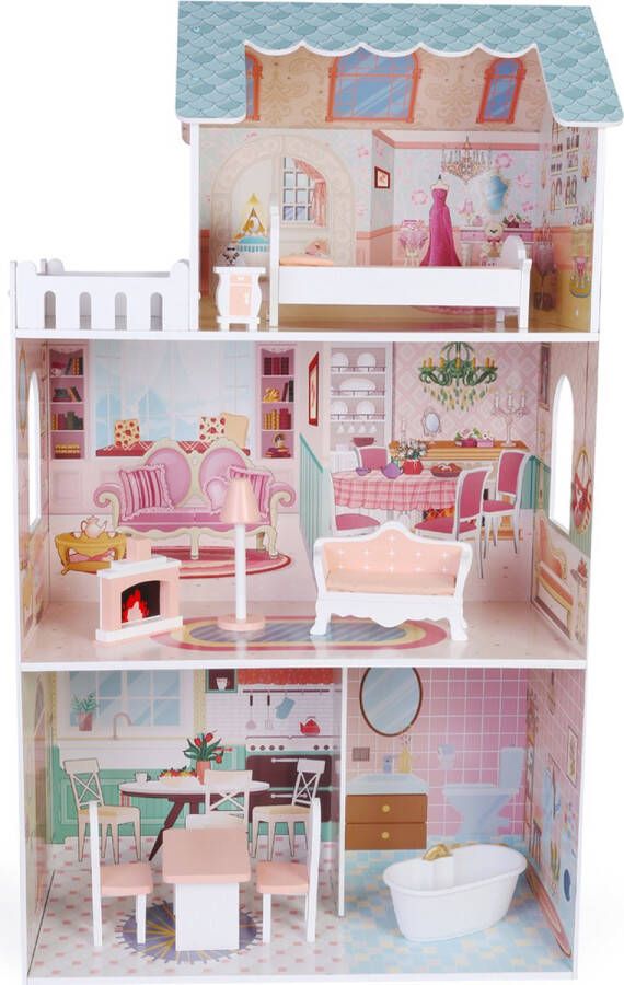 Bandits & Angels houten poppenhuis Angels City House 3 jaar 106 cm hoog inclusief 10 meubeltjes roze blauw