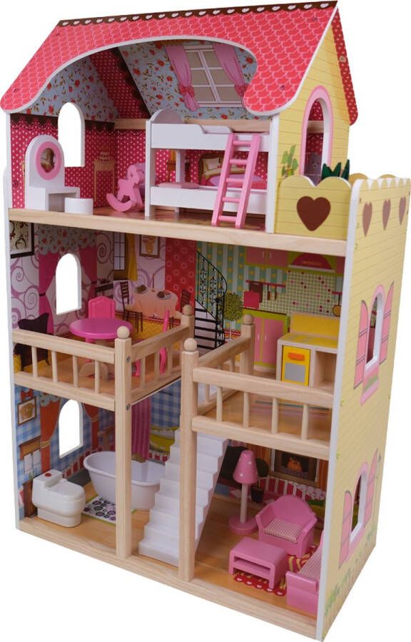 Bandits & Angels houten poppenhuis House of Angels 3 jaar 90 cm hoog inclusief 16 meubeltjes roze