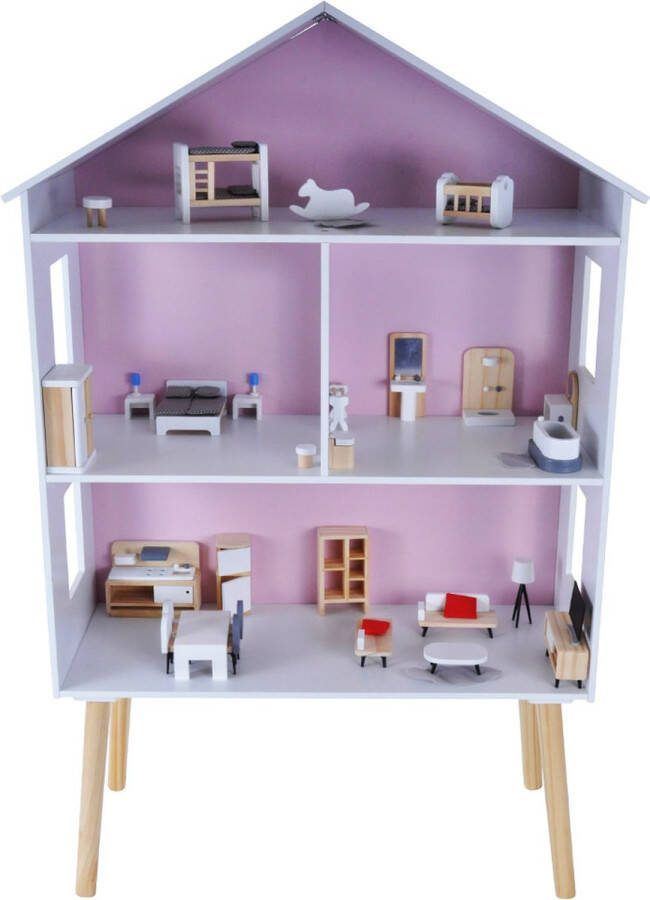 Bandits & Angels houten poppenhuis Modern Villa 3 jaar 115 5 cm hoog inclusief 47 meubeltjes roze wit