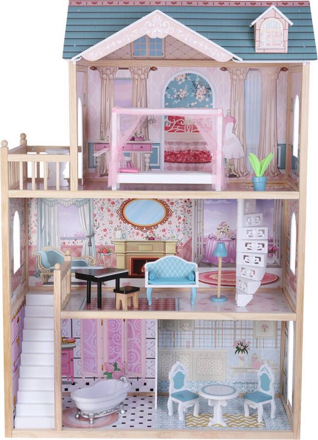 Bandits & Angels houten poppenhuis Sweet Country House 3 jaar 124 cm hoog inclusief 11 meubeltjes roze blauw geschikt voor Barbie
