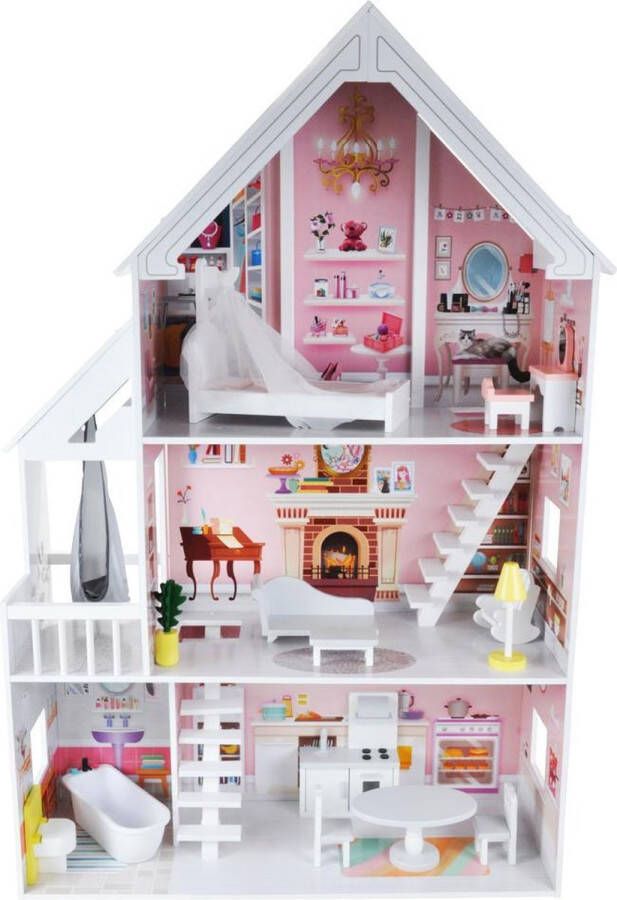 Bandits & Angels houten poppenhuis Prinses 3 jaar 126 cm hoog inclusief 15 meubeltjes roze geschikt voor Barbie