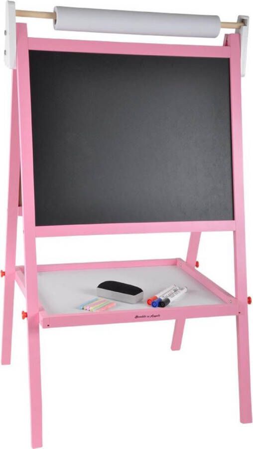 Bandits & Angels schoolbord Roze 3 jaar meisjes krijtbord whiteboard magneetbord papierrol en 10 accessoires hout roze en wit