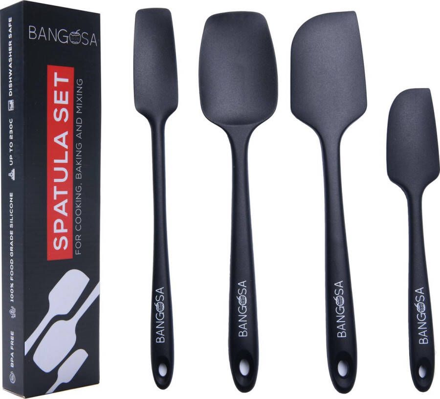 Bangosa Spatel siliconen set van 4 Pannenlikker Bakspatel Keukengerei Hittebestendig Spatula Zwart