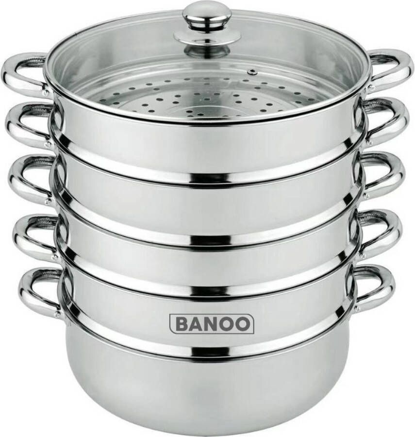 Banoo Stoompot Voedsel steamer pan met gehard glas deksel 34cm rvs
