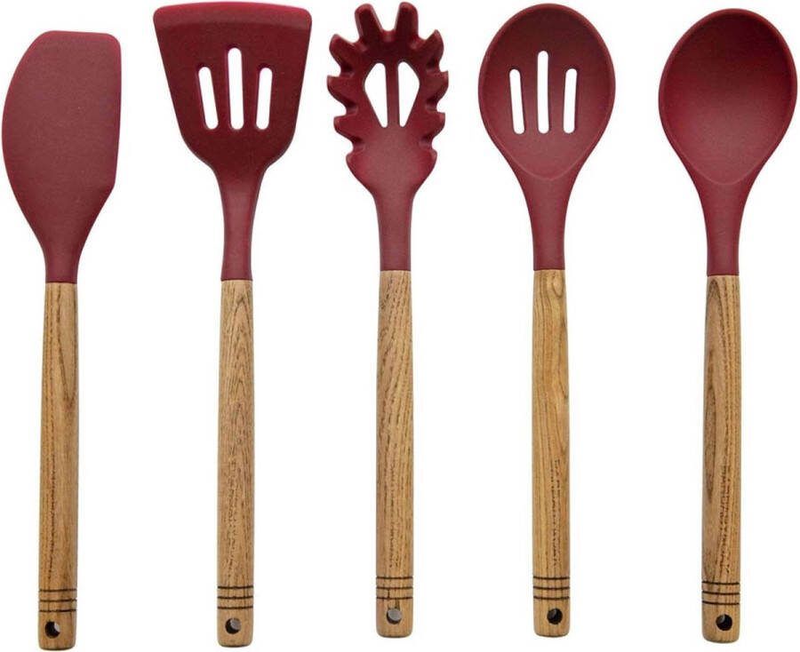 Barbary & Oak Kookgerei Set Kooklepels Set van 5 Stuks Rood Siliconen Essenhout Foundry