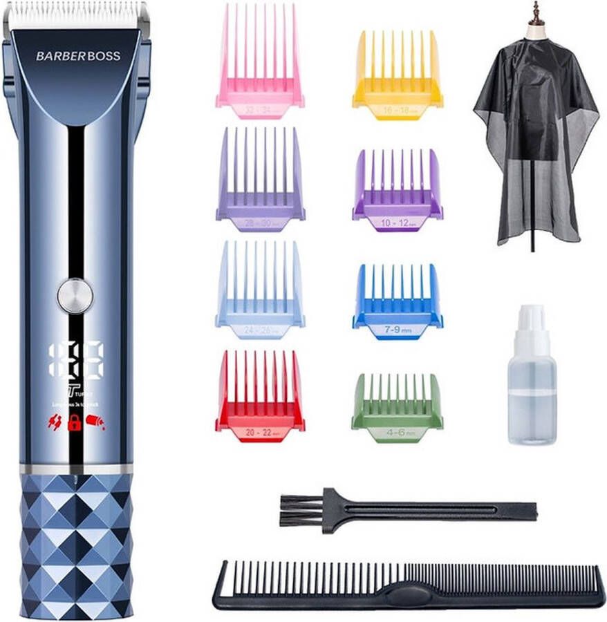 Barberboss Professionele Tondeuse QR-2091 Hair Clipper Draadloze Haartrimmer LED-display Incl. Schort en opzetstukken