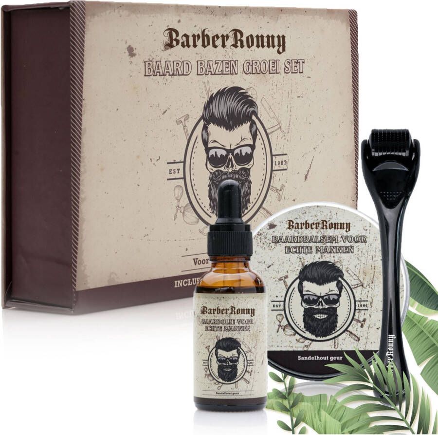 BarberRonny Baard Bazen Groei Set Baardverzorging set Baardolie Baardroller Baardbalsem Baardgroei kit Derma Roller Giftset Cadeau voor hem Baardgroei stimuleren