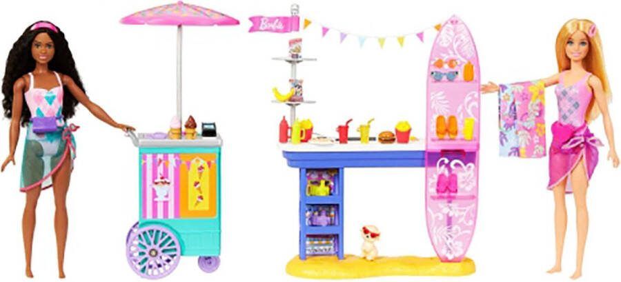 Barbie Beach Boardwalk speelset met Brooklyn & Malibu 2 poppen 2 Kraampjes en 30+ accessoires