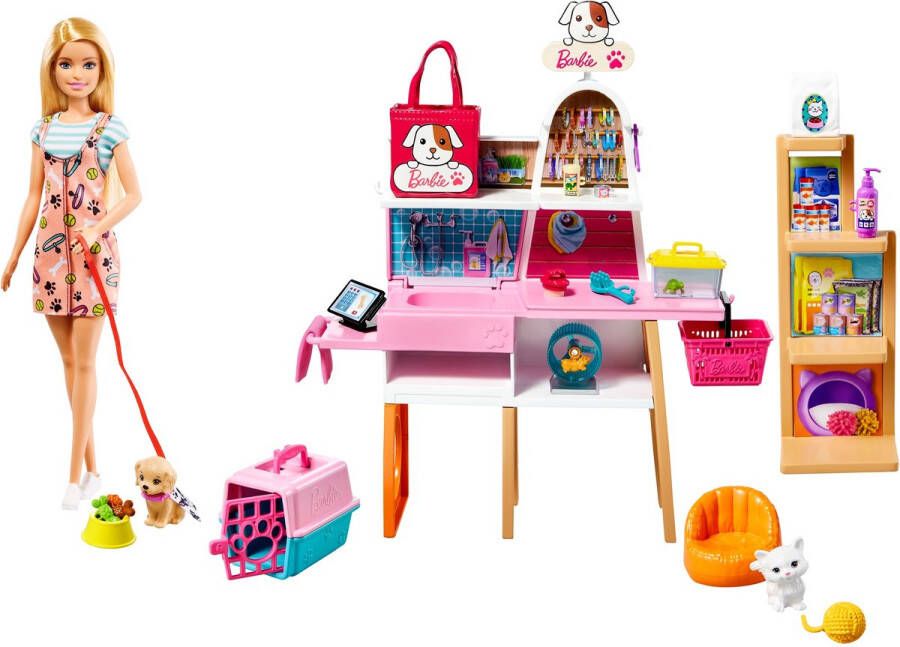 Barbie Careers Dierenwinkel Speelset met 4 Huisdieren Verzorgingsplek Toonbalk & Kassa Speelfigurenset
