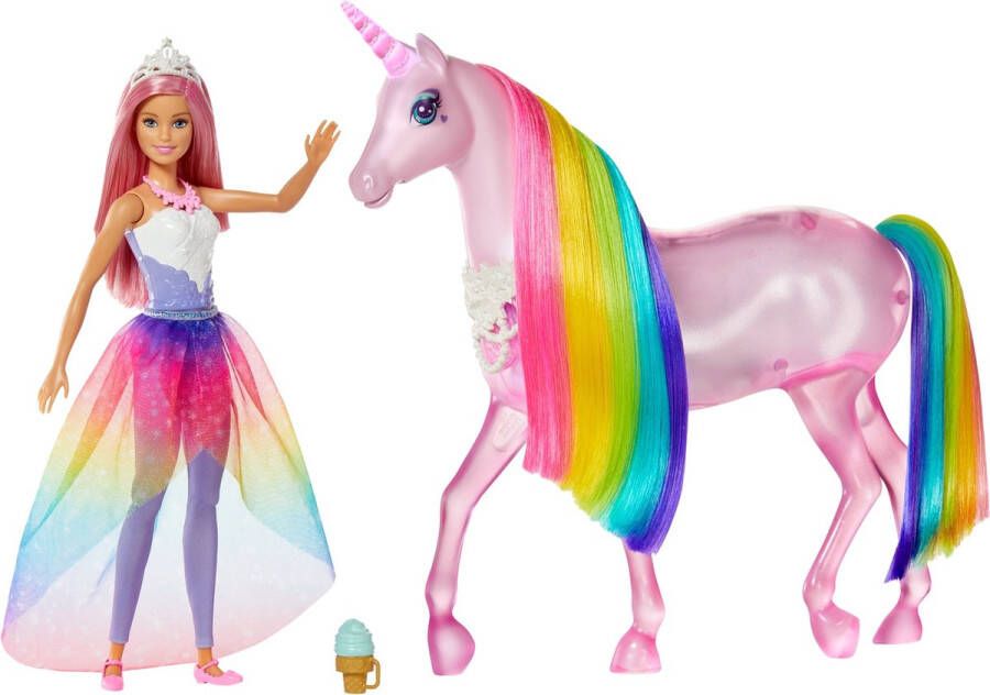 Barbie Dreamtopia pop Prinses en eenhoorn paard met licht en geluid