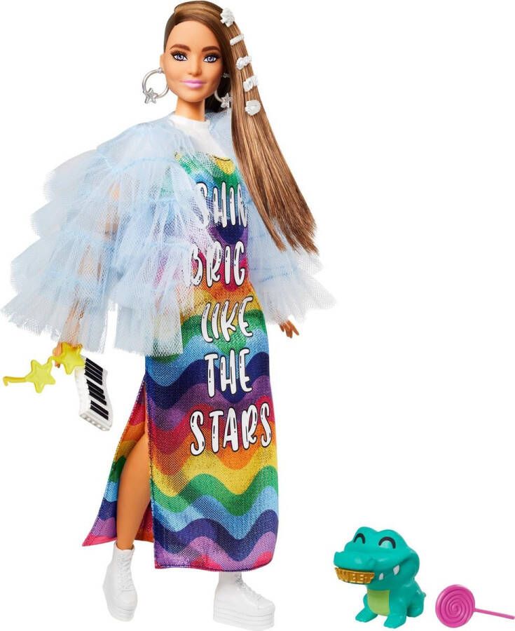 Barbie Extra Doll in blauw jasje met ruches en krokodil huisdier Modepop pop