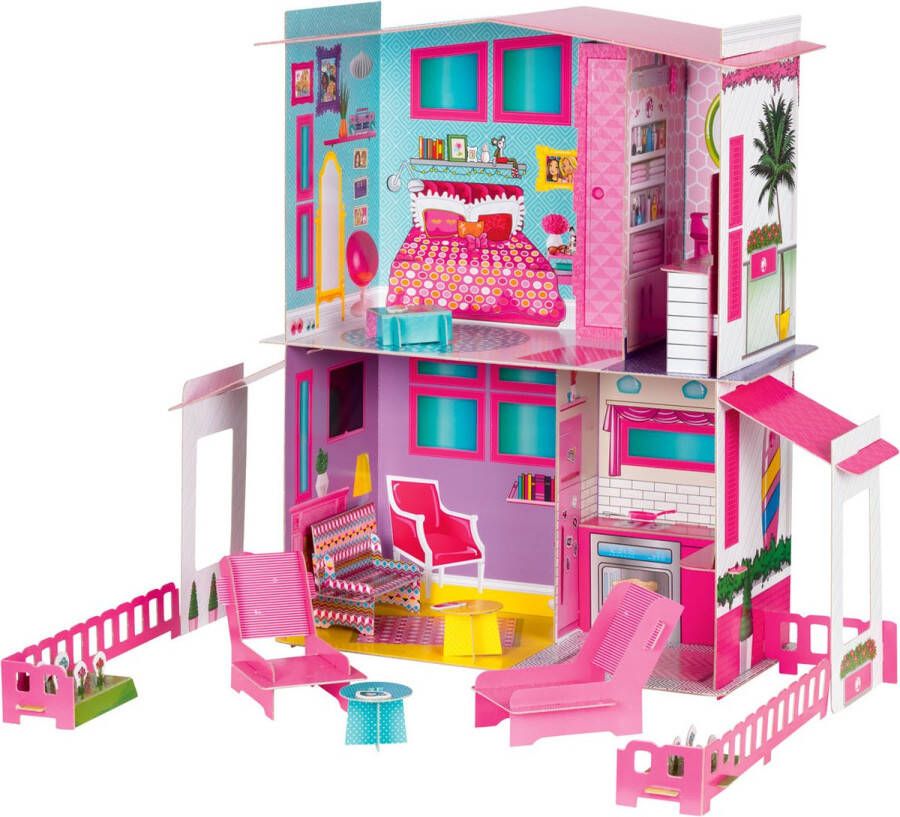 Barbie Lisciani Droomvilla Set: 14 Delig Afmetingen: 67 x 22 x 73 cm Aanbevolen leeftijd: vanaf 4 jaar Een droomvilla met twee verdiepingen Er zijn 4 kamers en een tuin Om met en haar vrienden te spelen