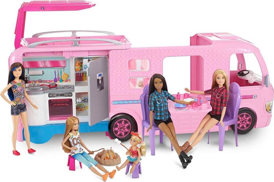 Barbie Omvormbare camper – rozenvoertuig met echte wielen – zwembad met Toboggan douche keuken en toilet – meer dan 60 cm – cadeau vanaf 3 jaar FBR34