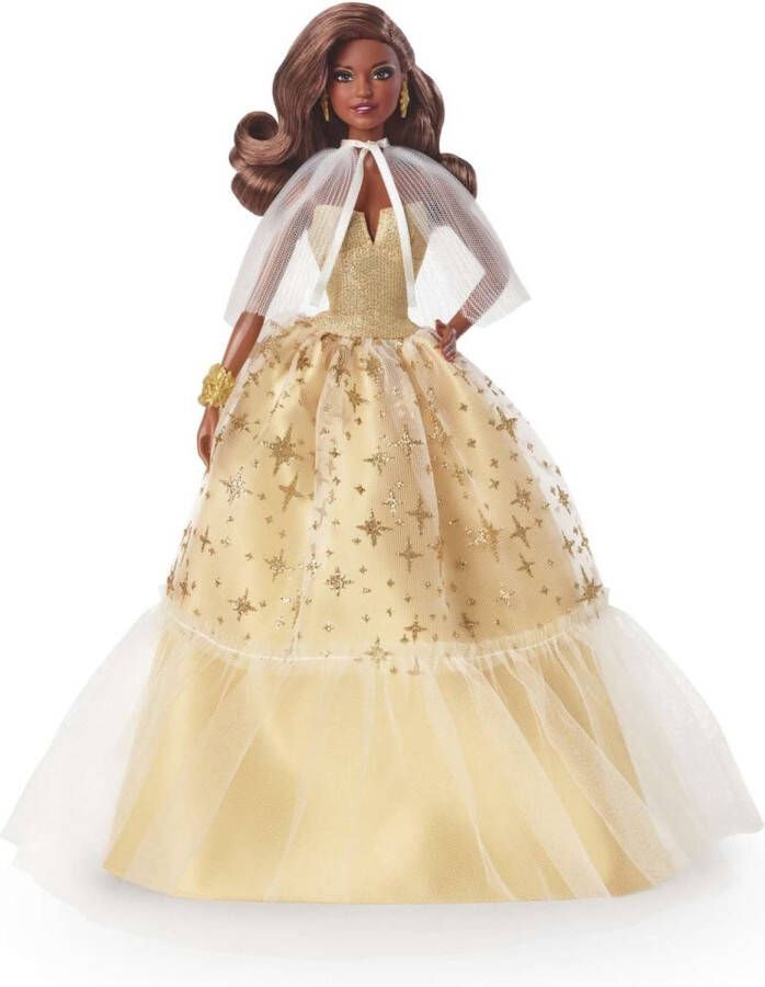 Barbie Pop 2023 Holiday Seasonal Collector Gift Gouden jurk en donkerbruin haar