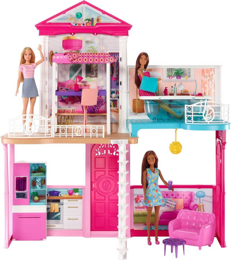 Barbie Huis met drie poppen 70 x 80 cm huis