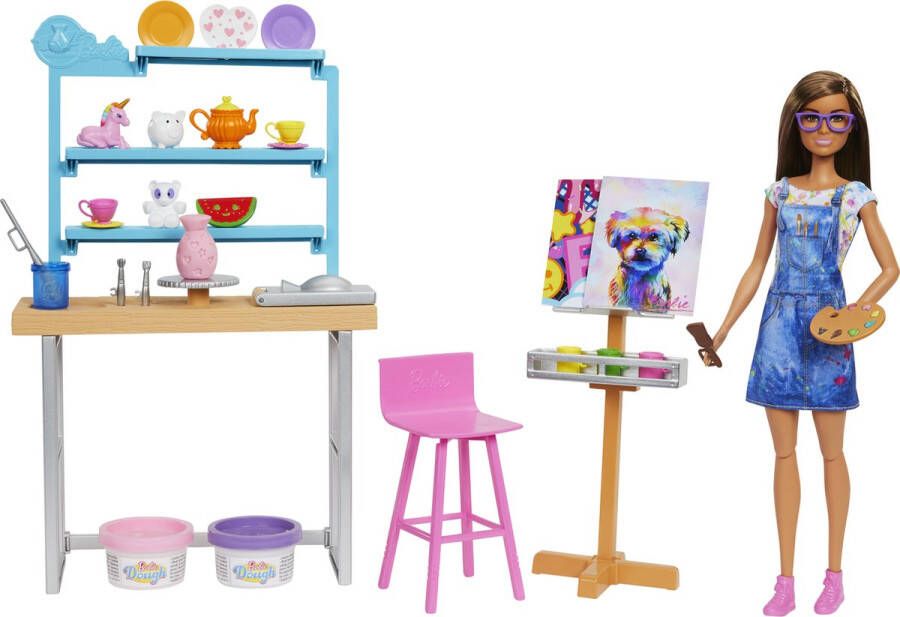 Mattel Barbie Well-being Art Workshop Box Creëren en ontspannen met pop boetseerklei en accessoires HCM85