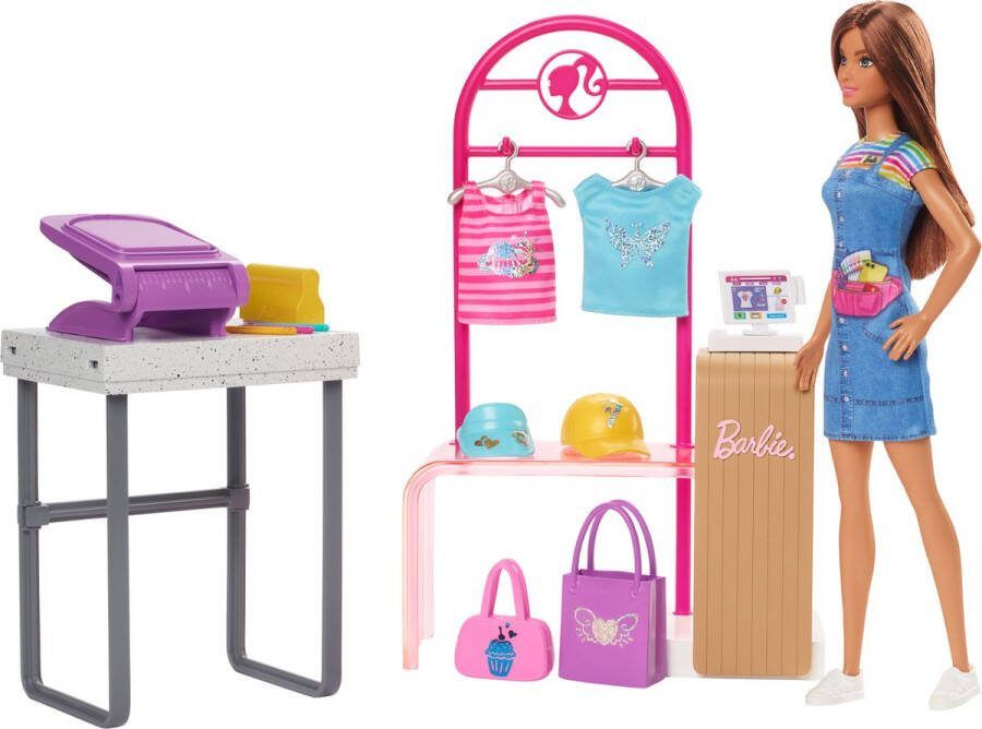 Barbie winkel Maak- en Verkoopboetiek speelset met uitstalrek en folie pop