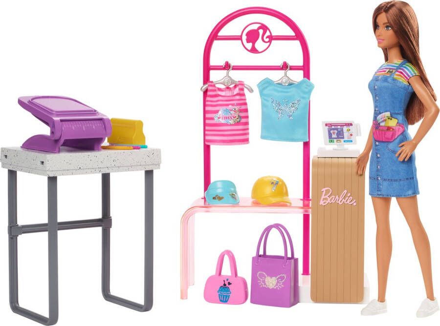 Barbie Maak- en Verkoopboetiek speelset met uitstalrek en folie pop Modepop